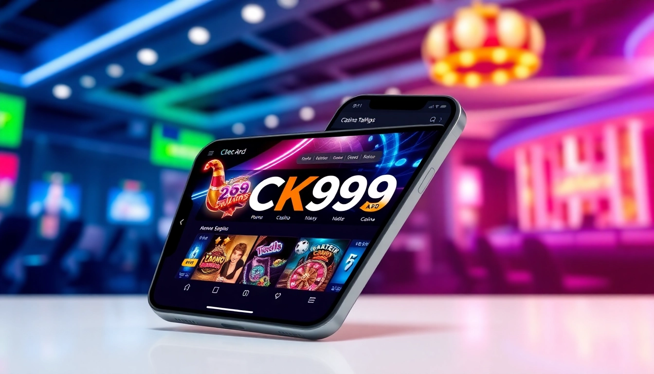 CK999 app interface on a smartphone showcasing casino games and betting options, emphasizing ease of use and mobile gaming convenience.