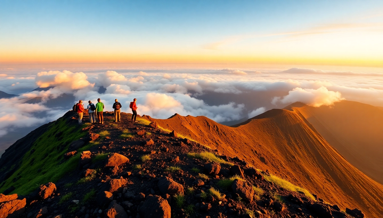 A group of hikers overlooking Mount Rinjani's crater at sunrise with lush green terrain and misty clouds.