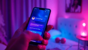 Futuristic AI chatbot interface on a smartphone with glowing accents and customizable characters.