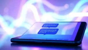 Futuristic digital chat interface with neon colors and immersive AI interaction scene.