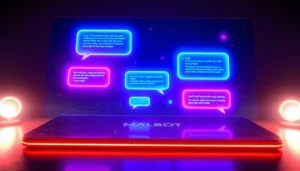 Futuristic AI chatbot interface with holographic chat bubbles and glowing digital elements in a high-tech environment.