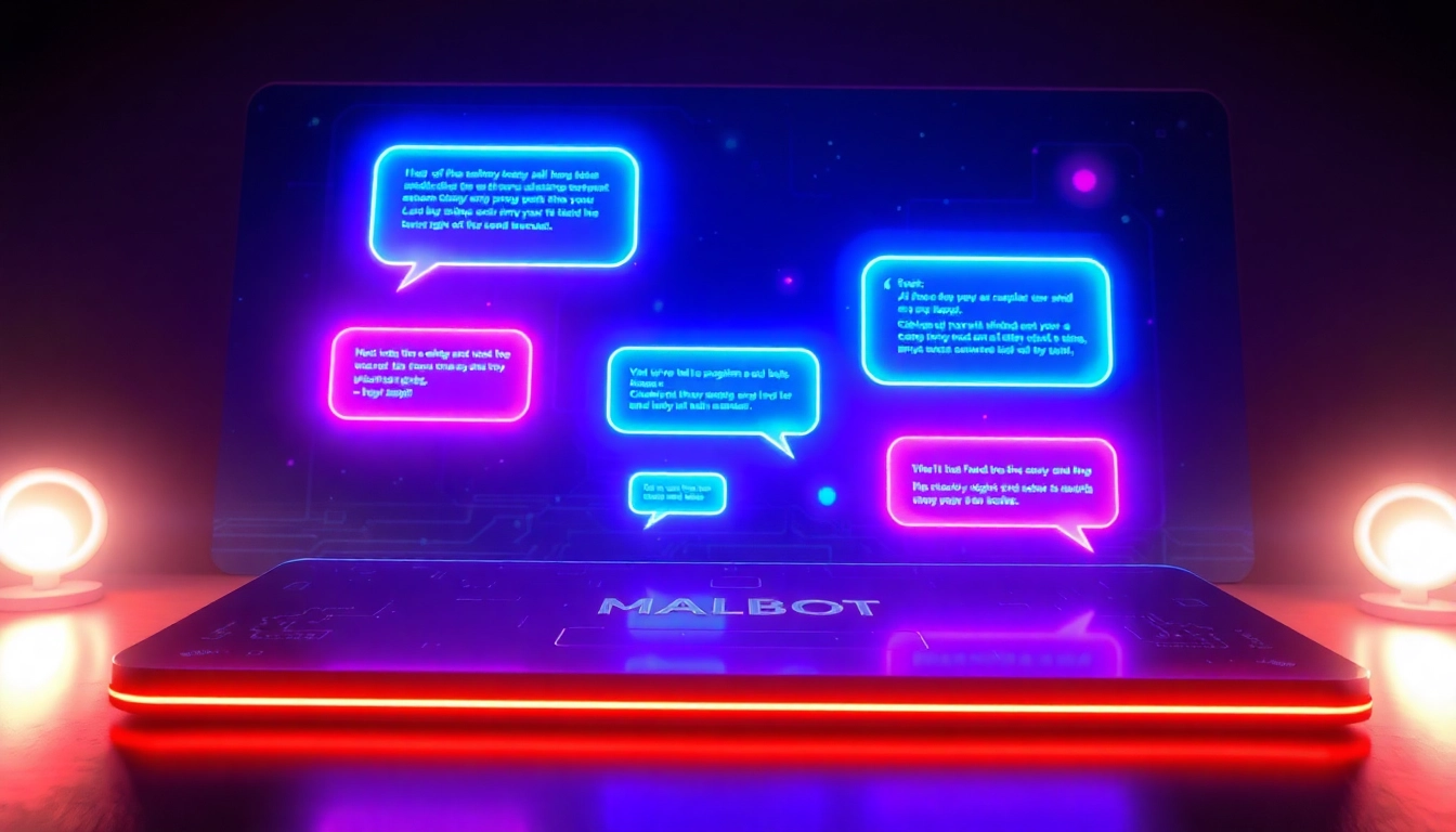 Futuristic AI chatbot interface with holographic chat bubbles and glowing digital elements in a high-tech environment.