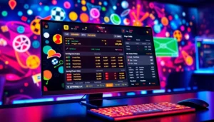 An illustration of an online sports betting platform with vibrant colors and dynamic sports icons, highlighting excitement and modern digital interface.
