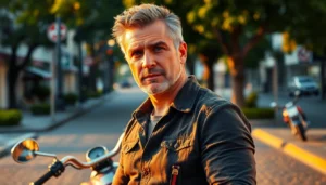 A handsome middle-aged man leaning against a motorcycle outdoors during golden hour, exuding confidence and charm.