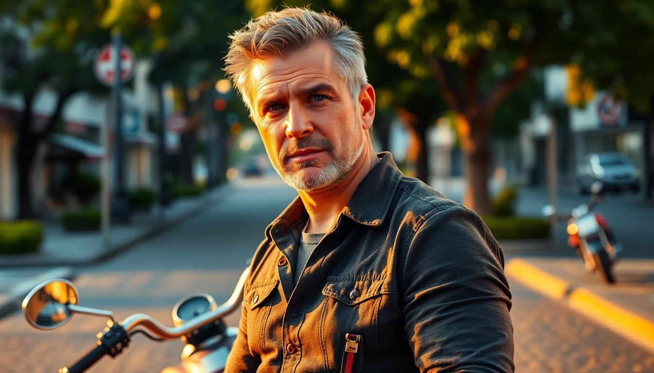 A handsome middle-aged man leaning against a motorcycle outdoors during golden hour, exuding confidence and charm.