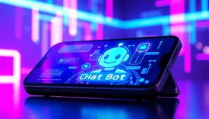 Futuristic digital chatbot interface with an animated AI character on a neon-lit screen