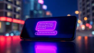 Close-up of a smartphone displaying an adult-themed chatbot conversation with neon accents and dark background.