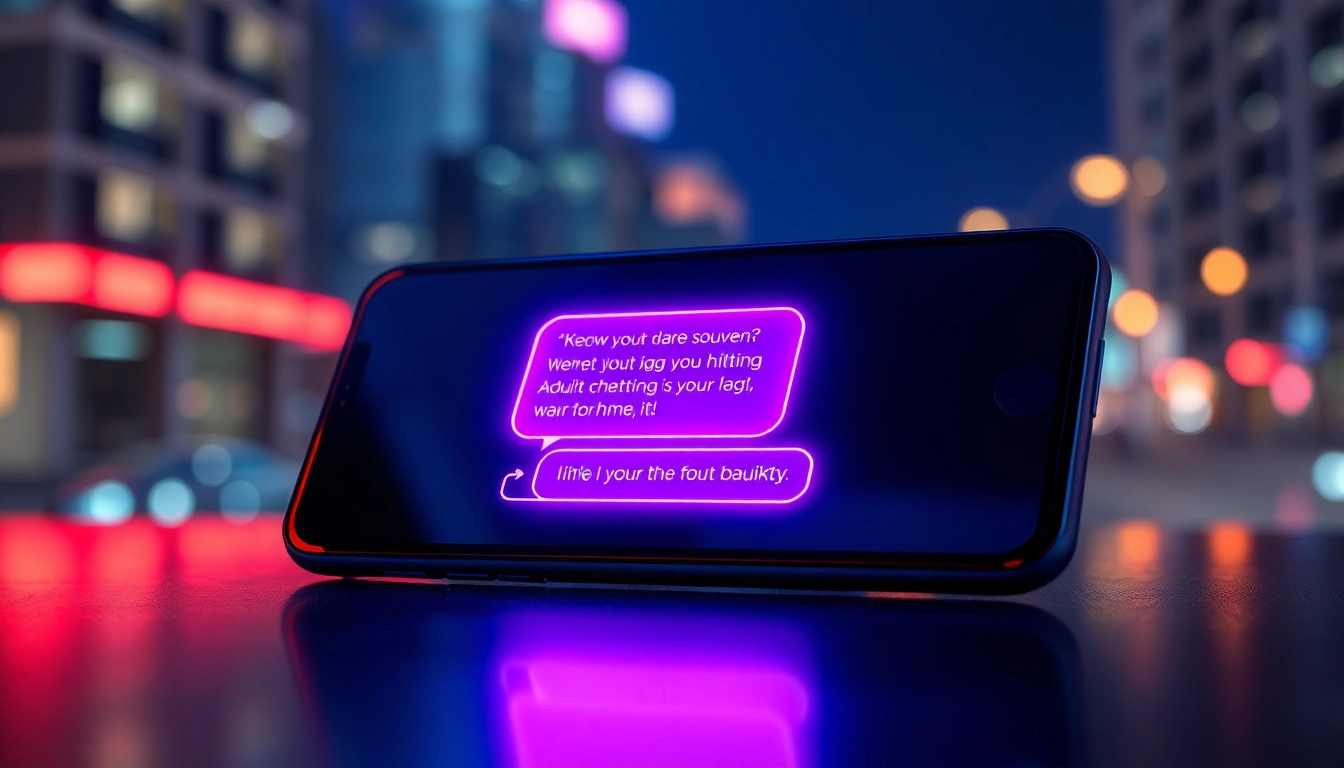 Close-up of a smartphone displaying an adult-themed chatbot conversation with neon accents and dark background.