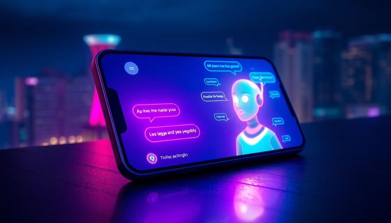 Futuristic AI chat interface with glowing holographic elements and a digital character on a modern device screen at night.