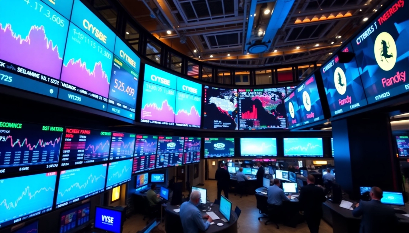 Stock Market News being displayed on digital screens in a busy trading floor environment,